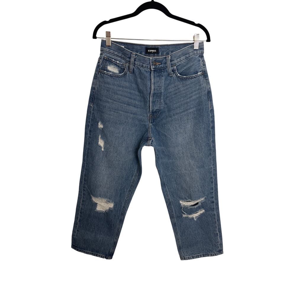 Express Dad Jeans Womens 8 Regular High Rise Cropped Medium Blue Distressed